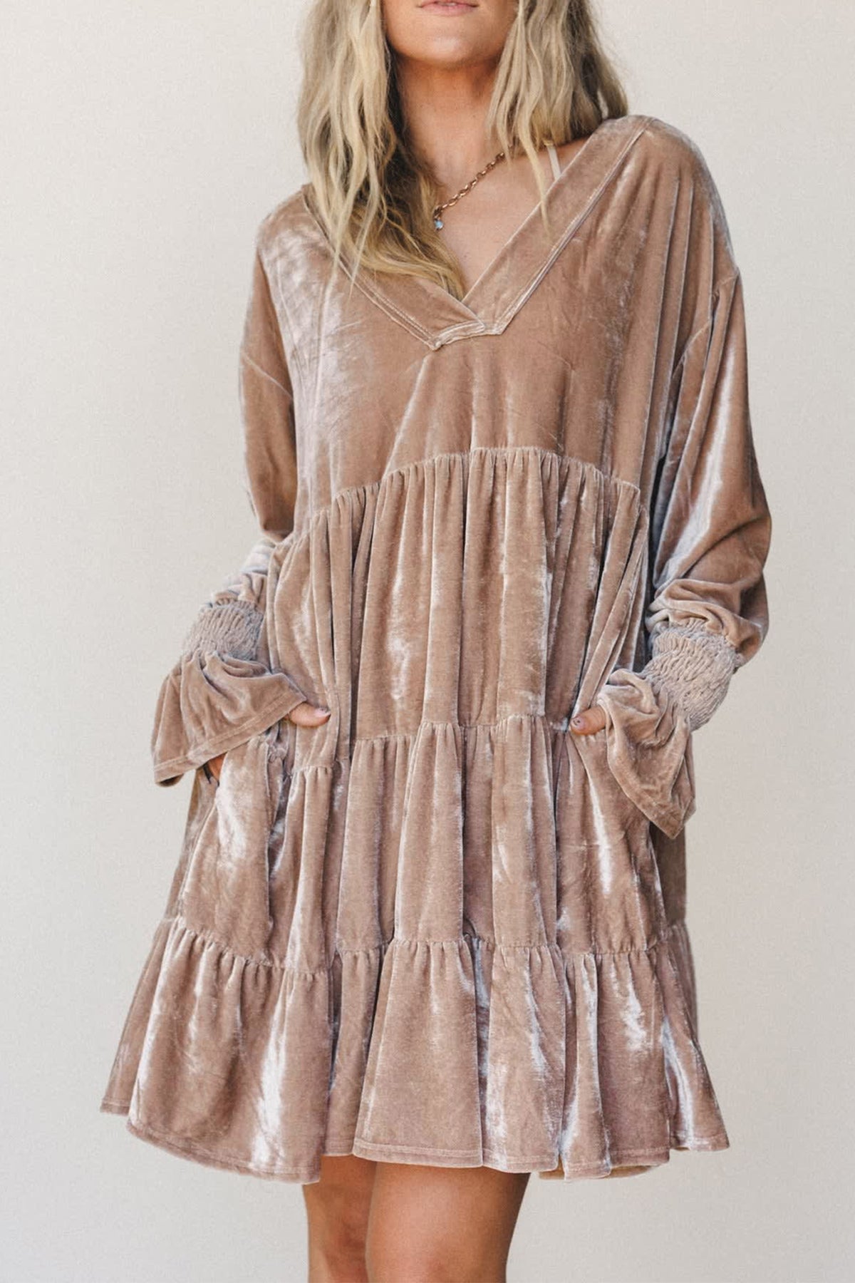 Smoke Gray Solid Color V Neck Velvet Tiered Long Sleeve Dress PREORDER ETA 3 WEEKS