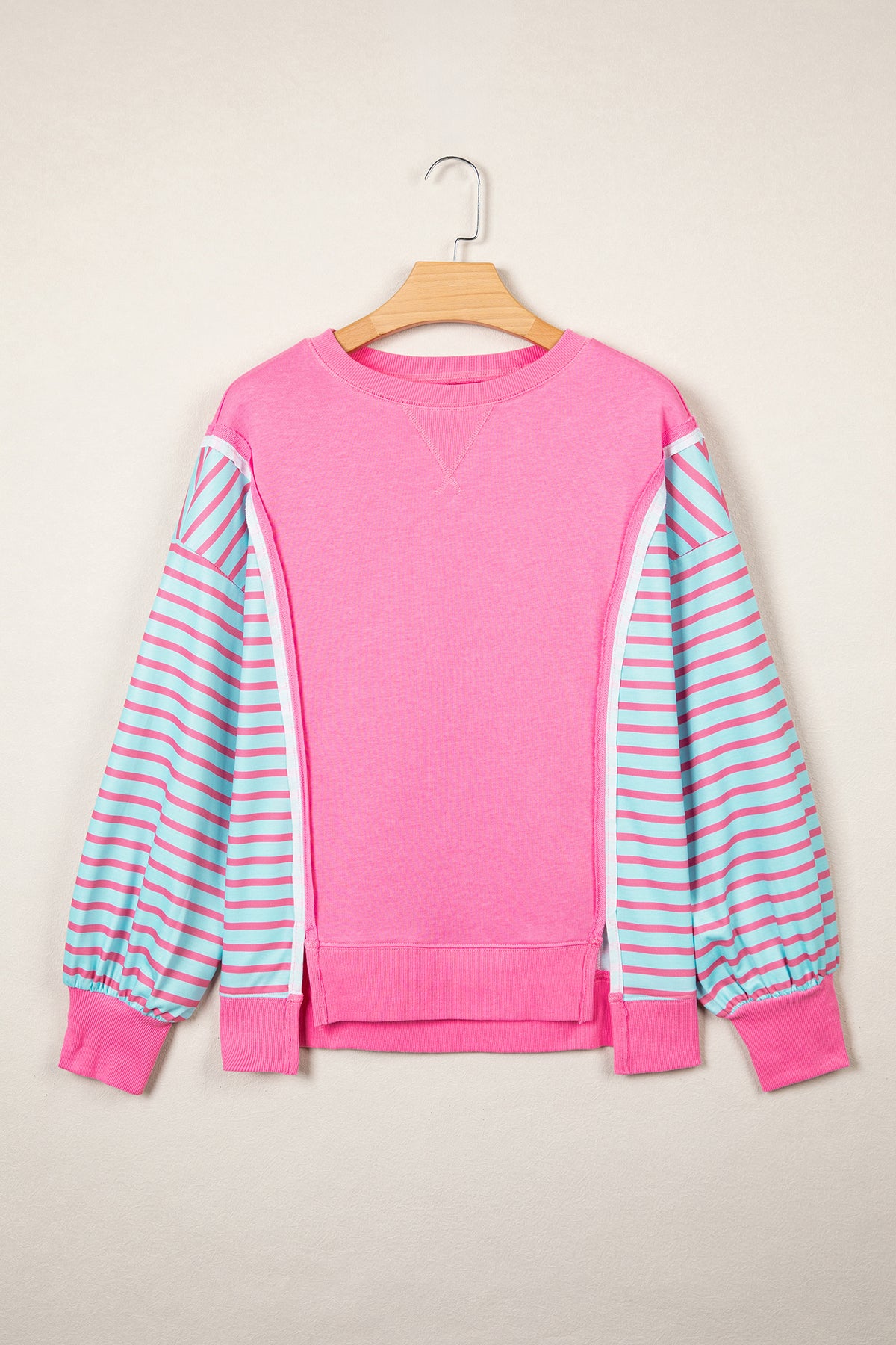 Rose Stripe Color Block Patchwork Relaxed Split Long Sleeve Top PREORDER ETA 3 WEEKS