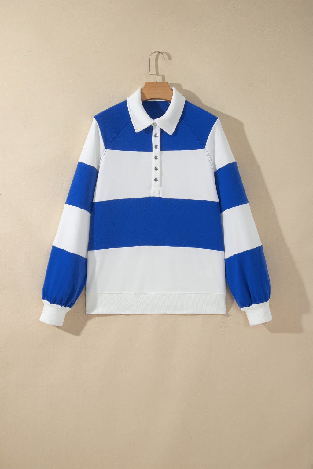 Dark Blue Striped Color Block Button V Neck Puff Sleeve Casual Sweatshirt PREORDER ETA 3 WEEKS