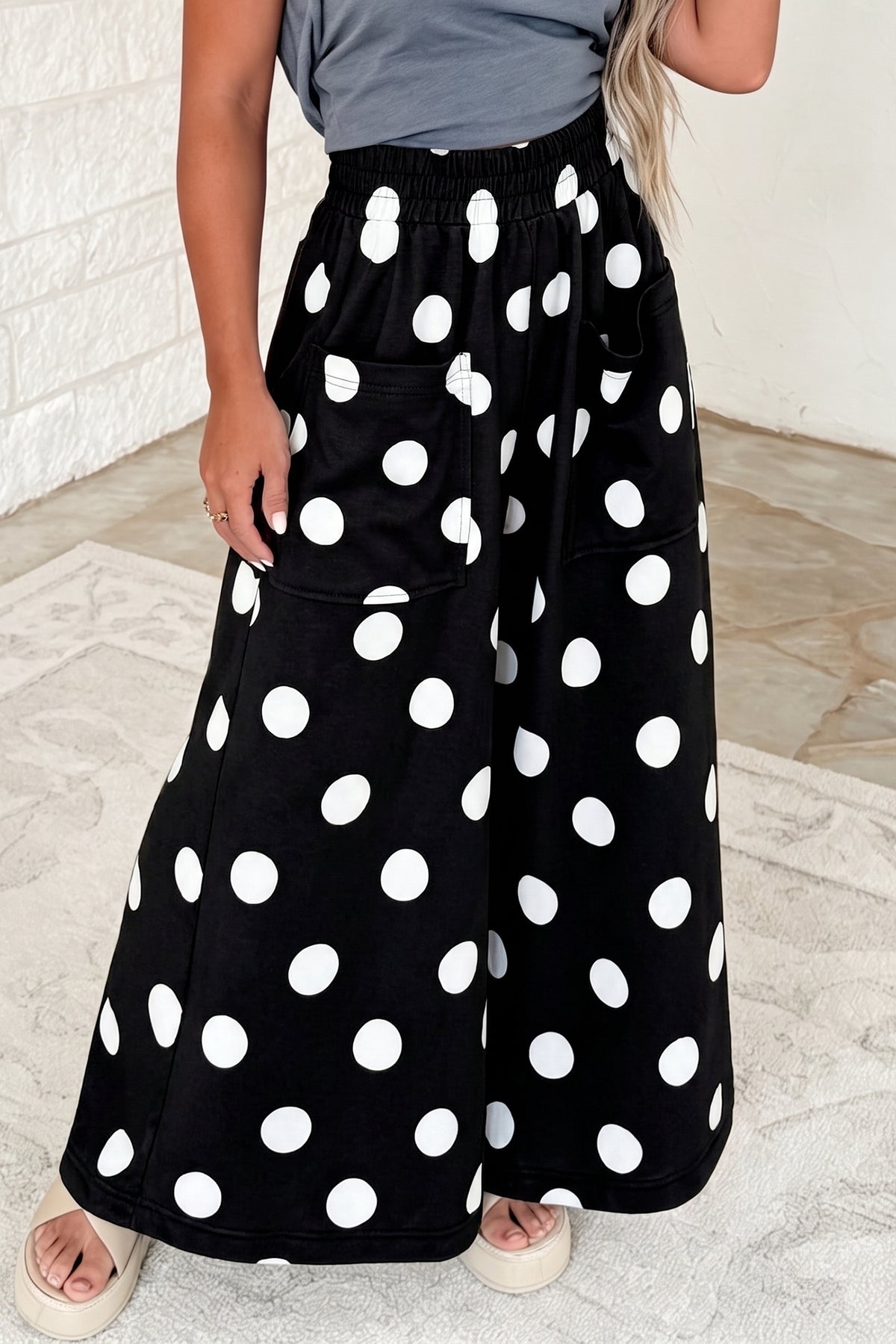 Black Polka Dot Wide Leg Elastic Waist Casual Pants PREORDER ETA 3 WEEKS