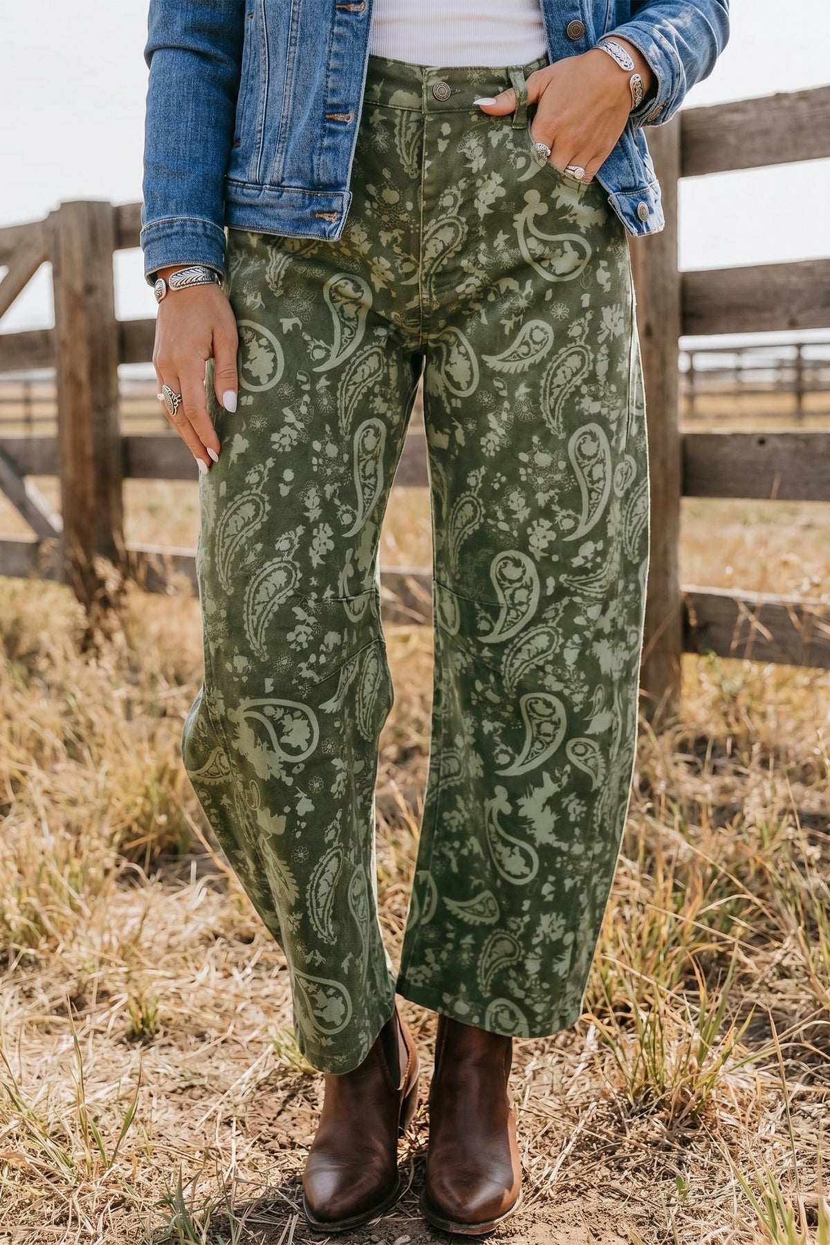 Green Paisley Print Harem Denim Pants PREORDER ETA 3 WEEKS