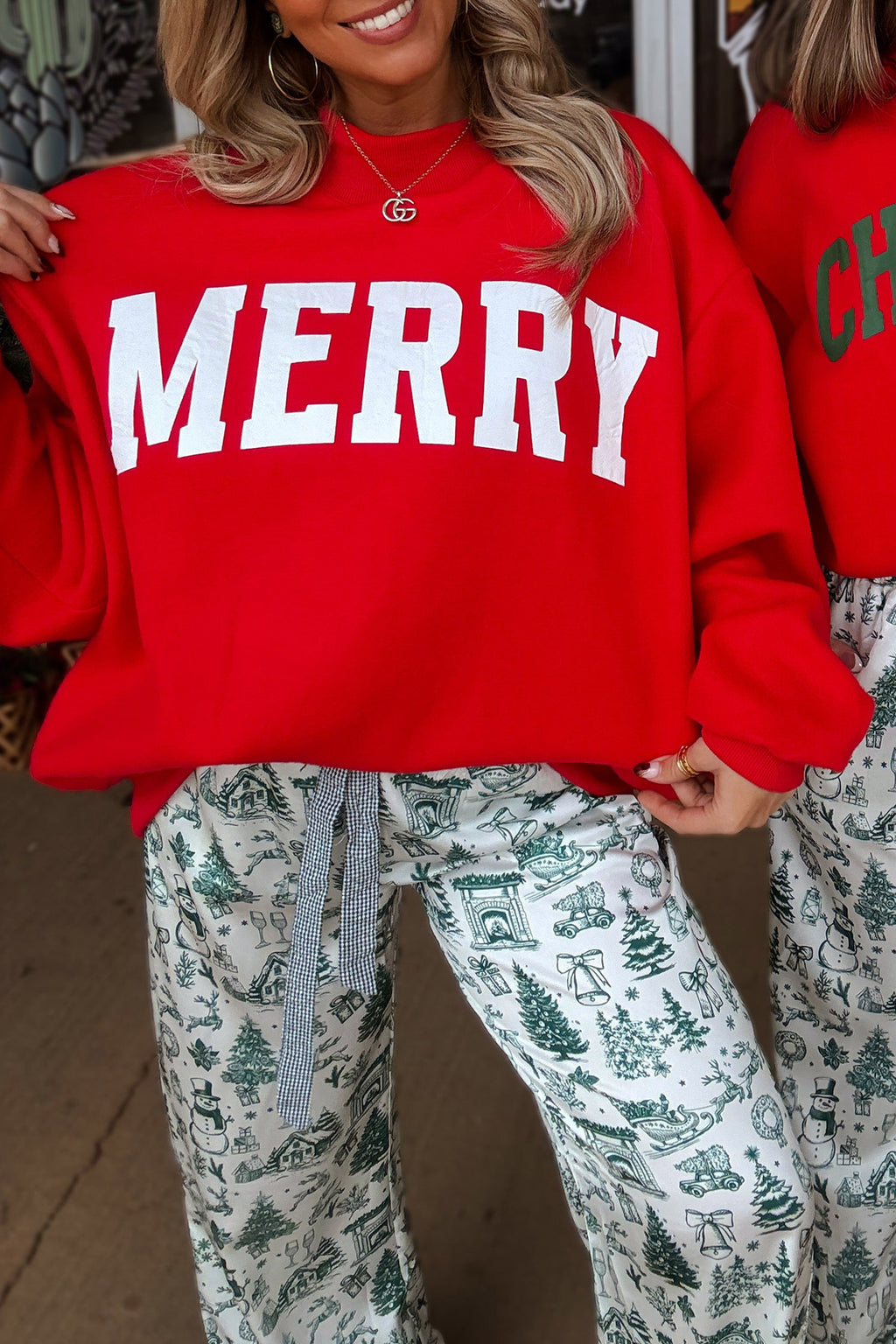 Fiery Red MERRY/CHRISTMAS Reversible Print Mock Neck Baggy Pullover Sweatshirt PREORDER ETA 3 WEEKS