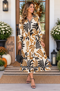Brown Tropical Printed Contrast Trim Neck Long Sleeve Ruffle Hem Dress PREORDER ETA 3 WEEKS