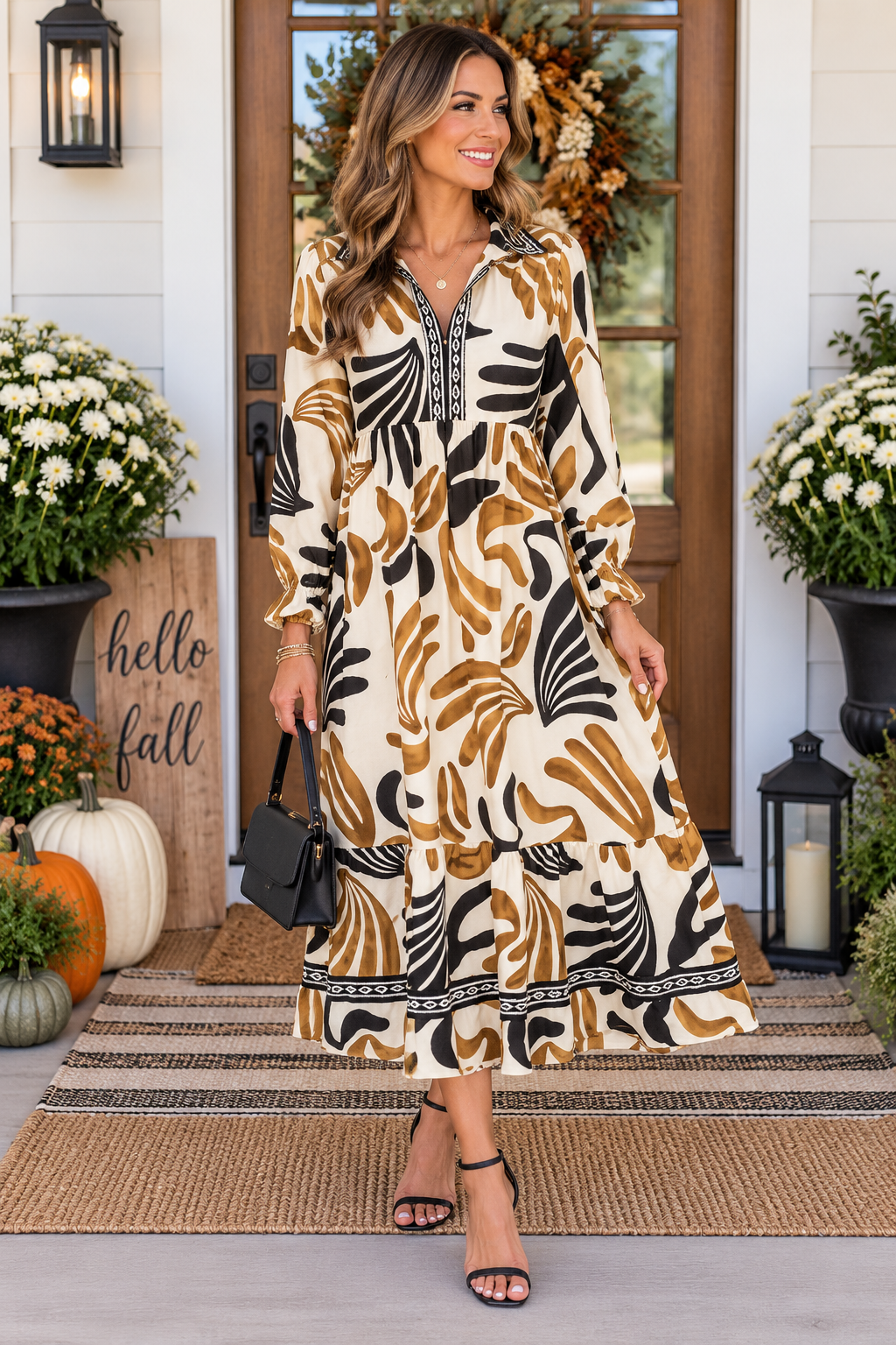 Brown Tropical Printed Contrast Trim Neck Long Sleeve Ruffle Hem Dress PREORDER ETA 3 WEEKS