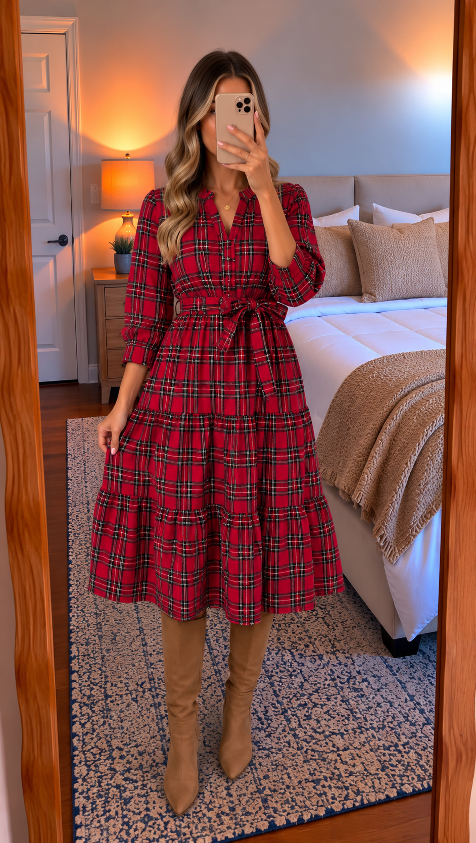 Red Tartan Plaid Square Neck Puff Sleeve Knot Waist Flared Midi Dress PREORDER ETA 3 WEEKS