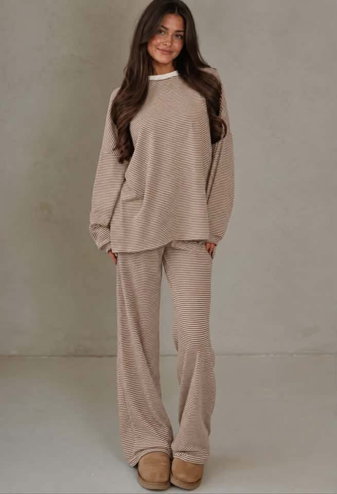 Stripe Contrast Trim Round Neck Oversize Long Sleeve Top 2pcs Pant Set PREORDER ETA 3 WEEKS