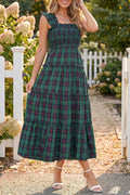 Green Plaid Ruffle Sleeveless Shirred Bodice Tiered Midi Dress PREORDER ETA 3 WEEKS