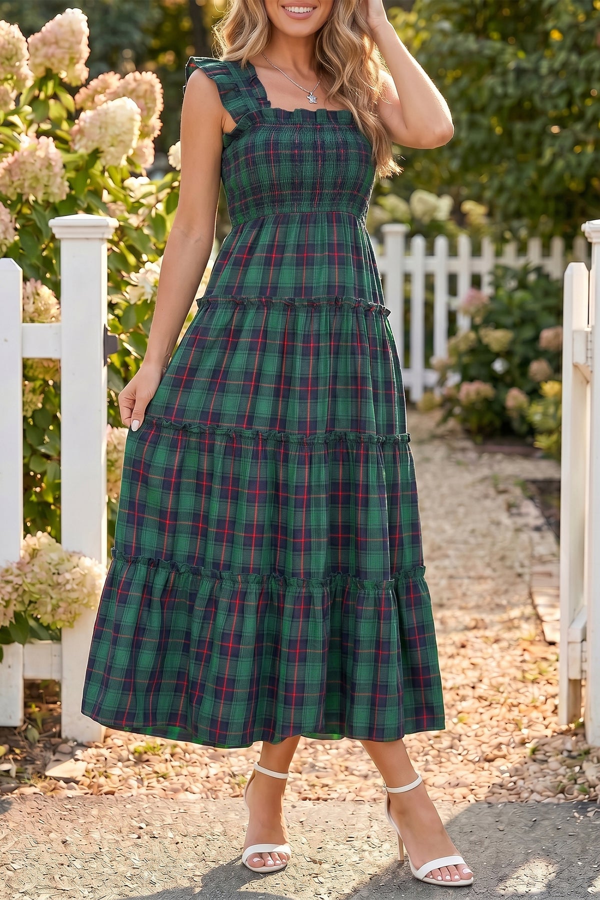Green Plaid Ruffle Sleeveless Shirred Bodice Tiered Midi Dress PREORDER ETA 3 WEEKS