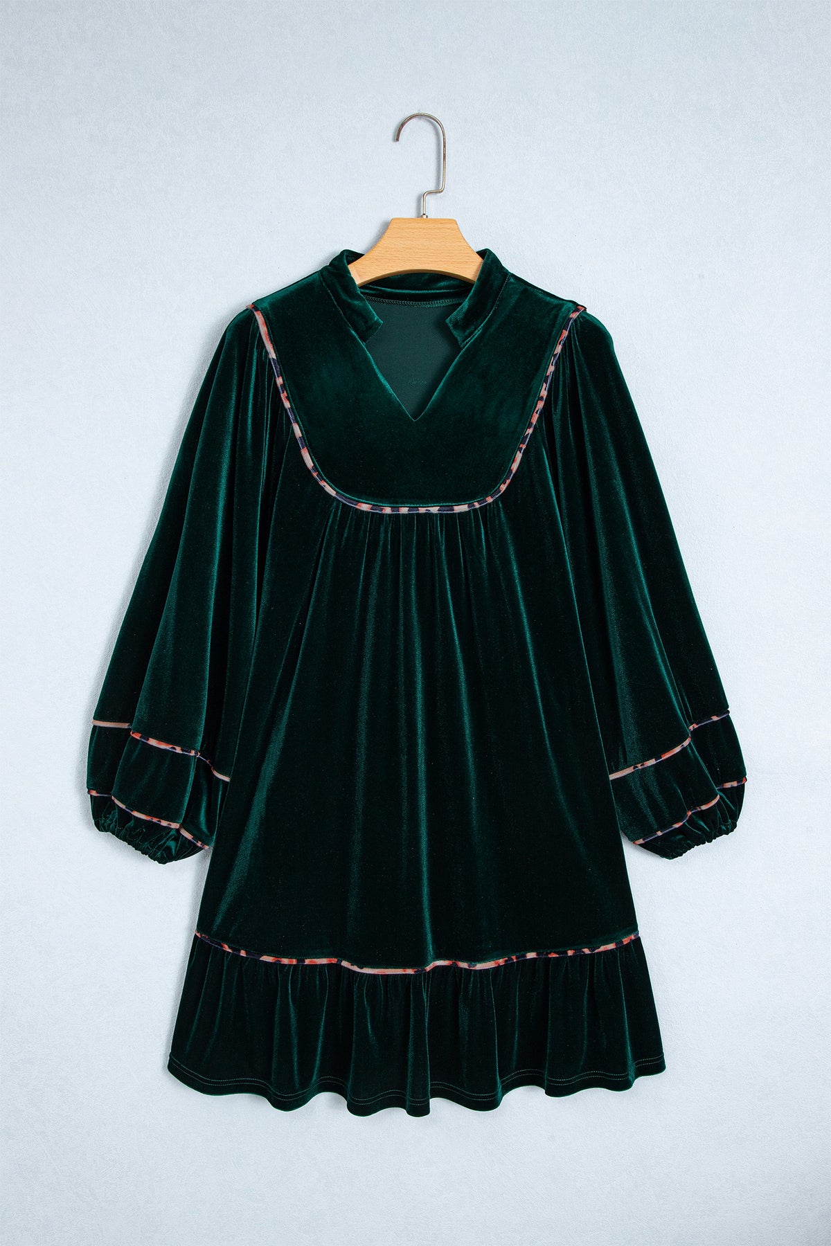 Blackish Green Leopard Trim Velvet Long Sleeve Shift Dress PREORDER ETA 3 WEEKS