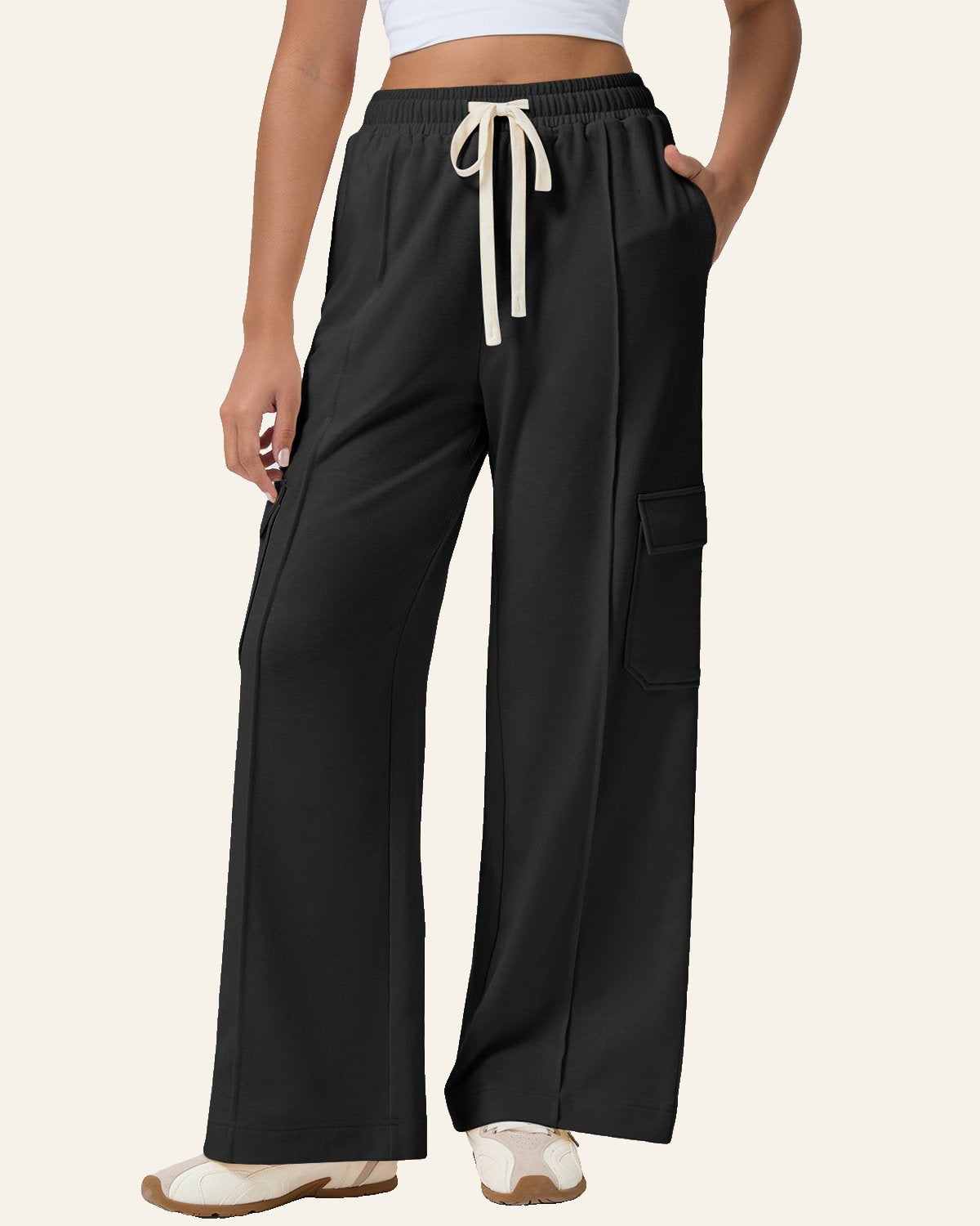 Black Solid Color Drawstring Elastic Waist Cargo Patch Pocket Active Pants