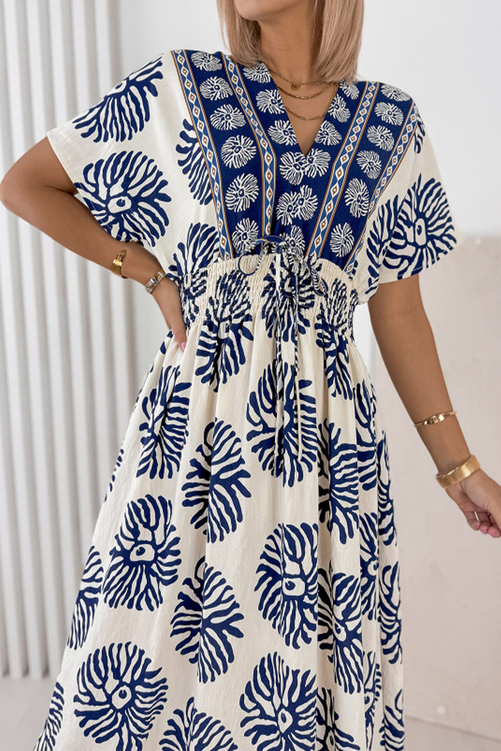 Blue Boho Floral Print Contrast Patchwork V Neck Dolman Maxi Dress PREORDER ETA 3 WEEKS