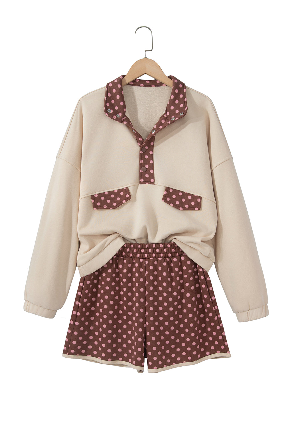 Brown Polka Dot Contrast Baggy Pullover and Elastic Waist Shorts 2pcs Set PREORDER ETA 3 WEEKS
