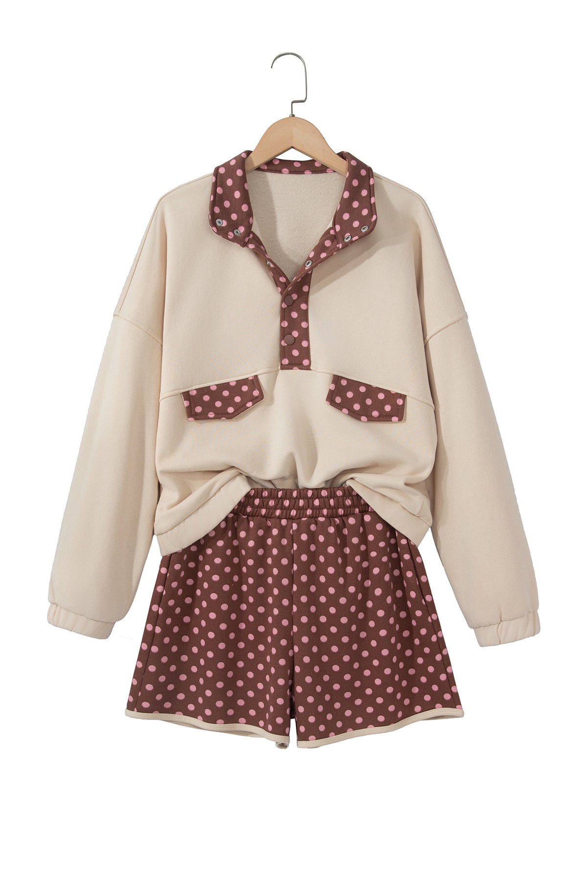 Brown Polka Dot Contrast Baggy Pullover and Elastic Waist Shorts 2pcs Set PREORDER ETA 3 WEEKS