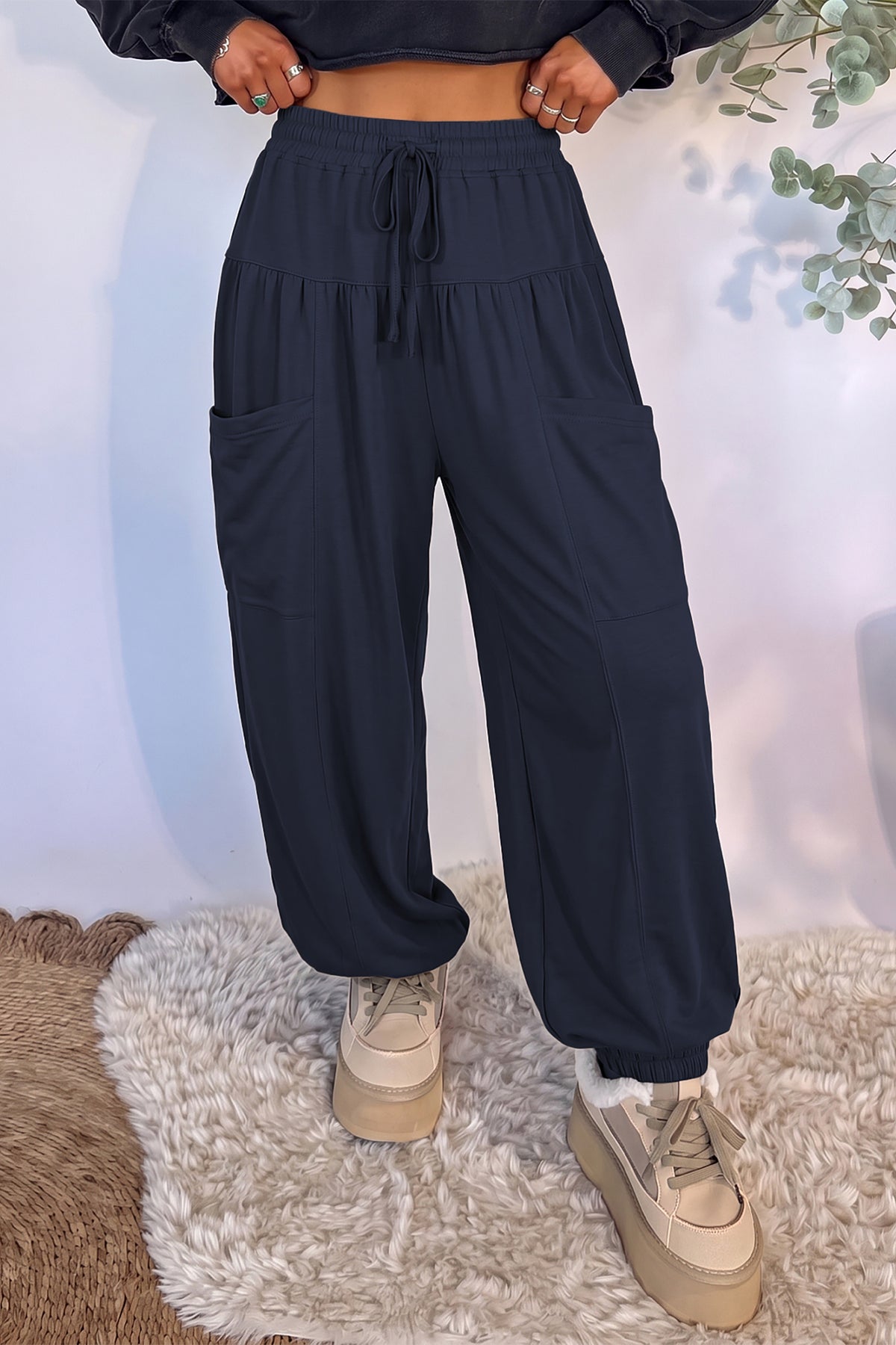 Dirty blue Elastic Waist Drawstring Wide Leg Full Length Pants PREORDER ETA 3 WEEKS