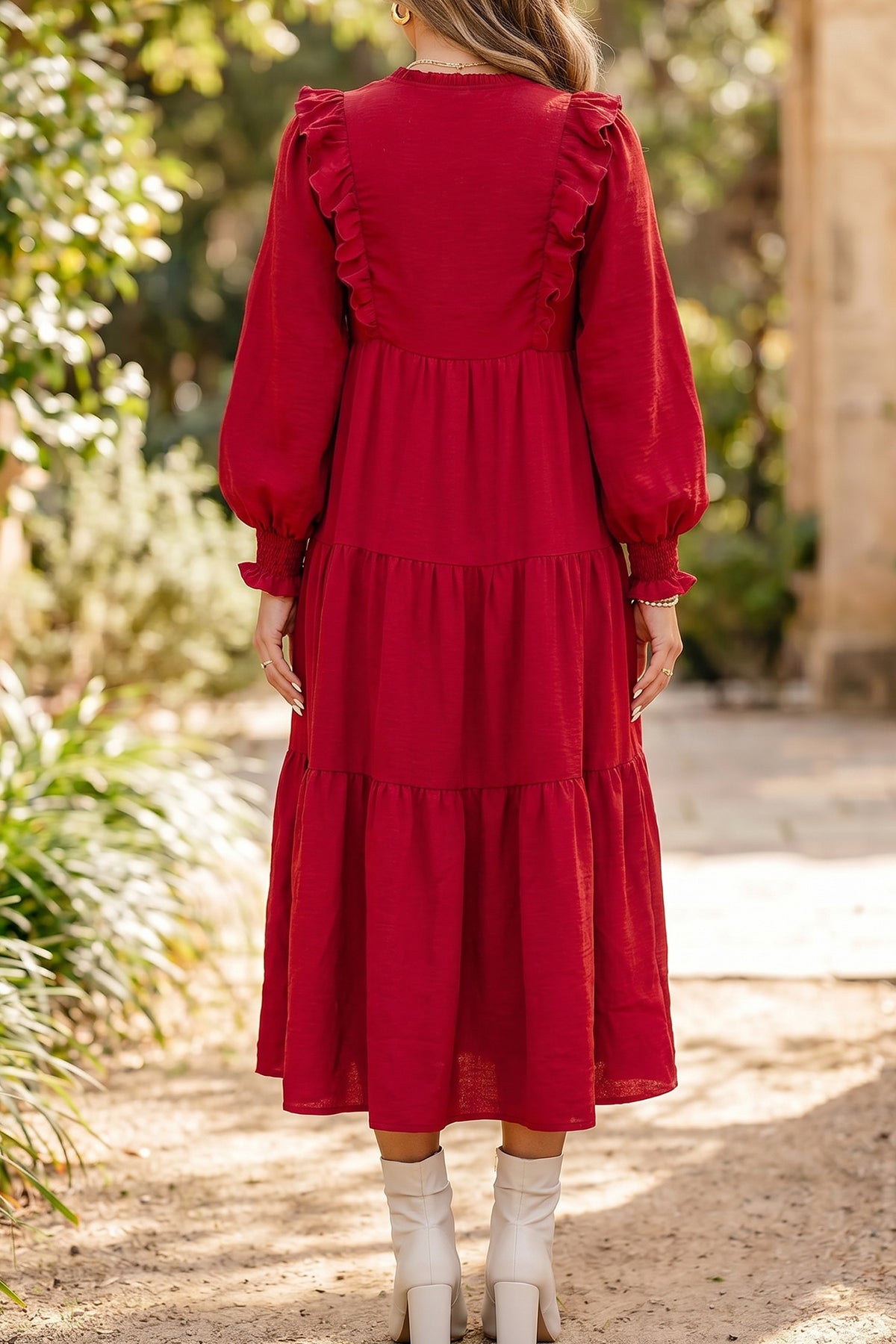 Racing Red Solid Color Ruffle Trim Long Sleeve Tiered Shift Midi Dress PREORDER ETA 3 WEEKS