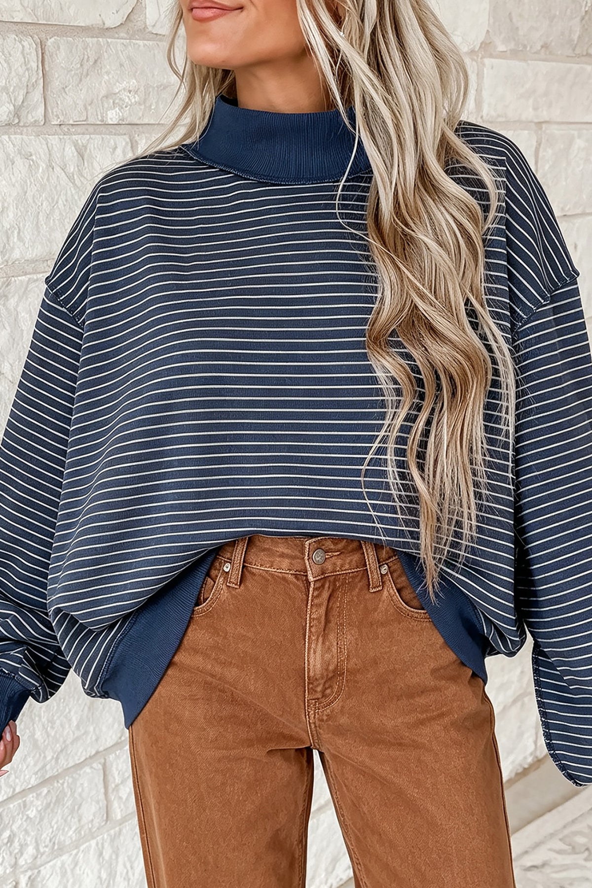 Blue Stripe Ribbed Color Block Mock Neck Oversized Sweatshirt PREORDER ETA 3 WEEKS