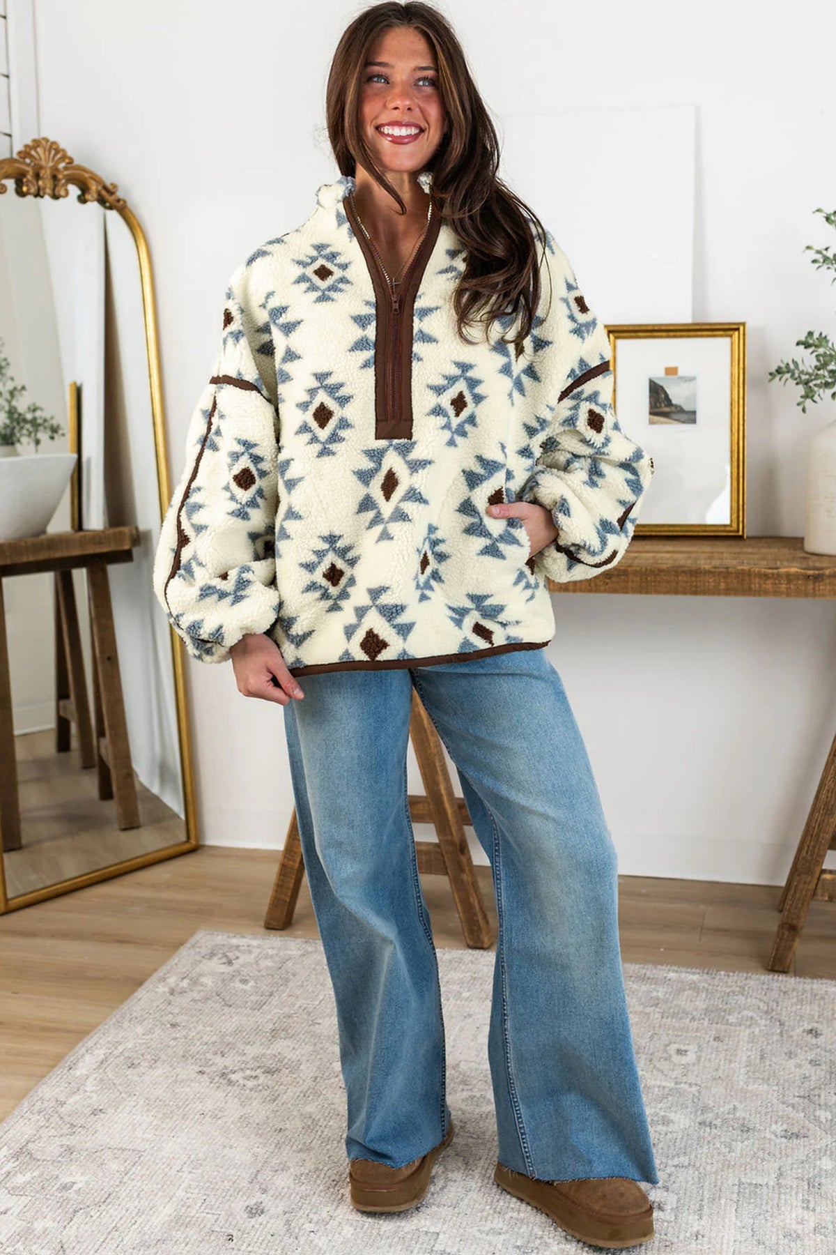 Beige Geometric Print Sherpa Western Style Long Sleeve Sweatshirt PREORDER ETA 3 WEEKS