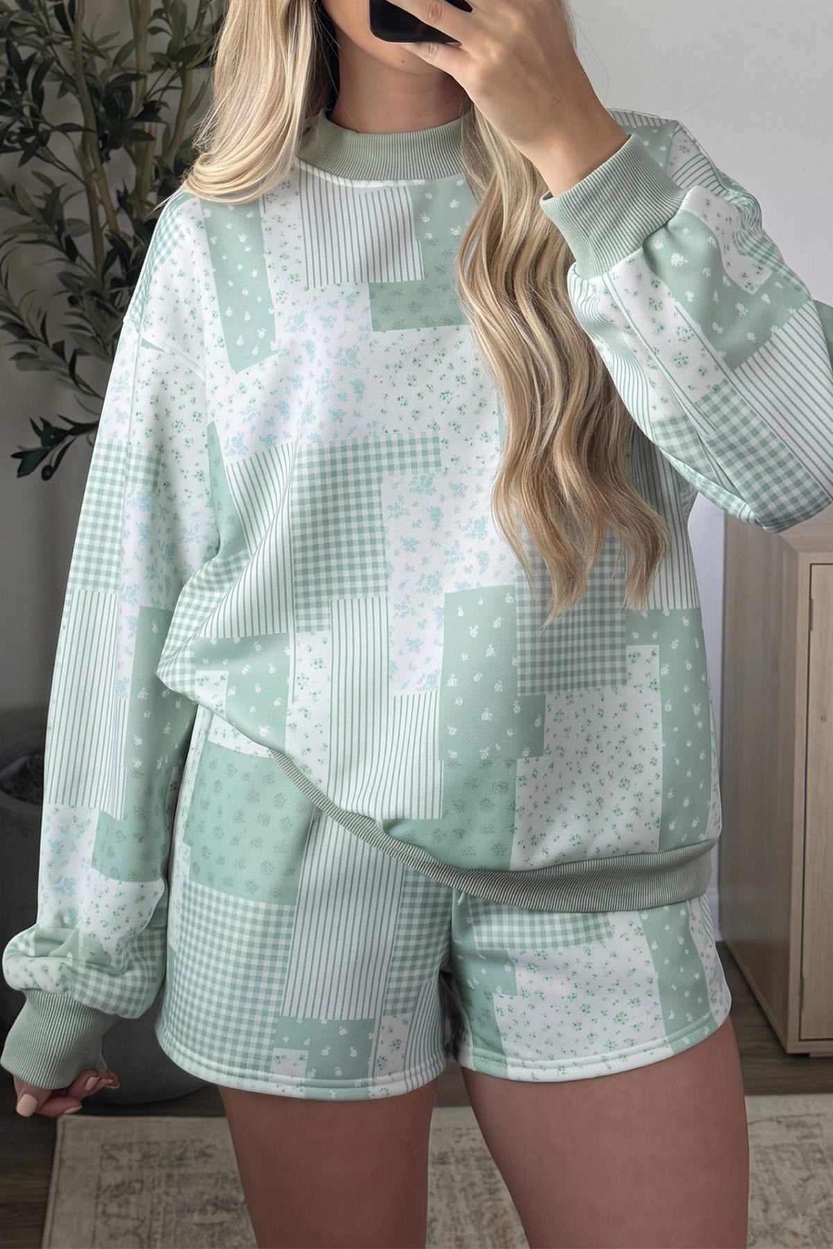 Sky Blue Patchwork Floral Print Drop Shoulder Baggy Pullover Drawstring Shorts Set PREORDER ETA 3 WEEKS