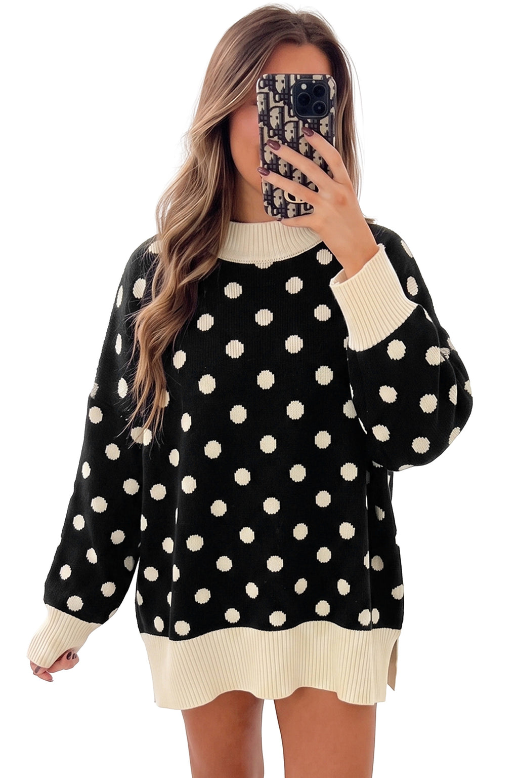 Black Polka Dot Pattern Ribbed Colorblock Trim Split Tunic Sweater PREORDER ETA 3 WEEKS