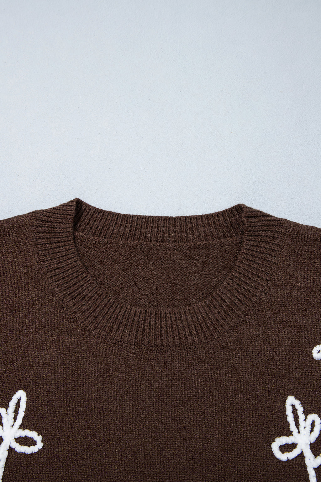Chicory Coffee Embroidered Floral Round Neck Casual Shift Sweater PREORDER ETA 3 WEEKS