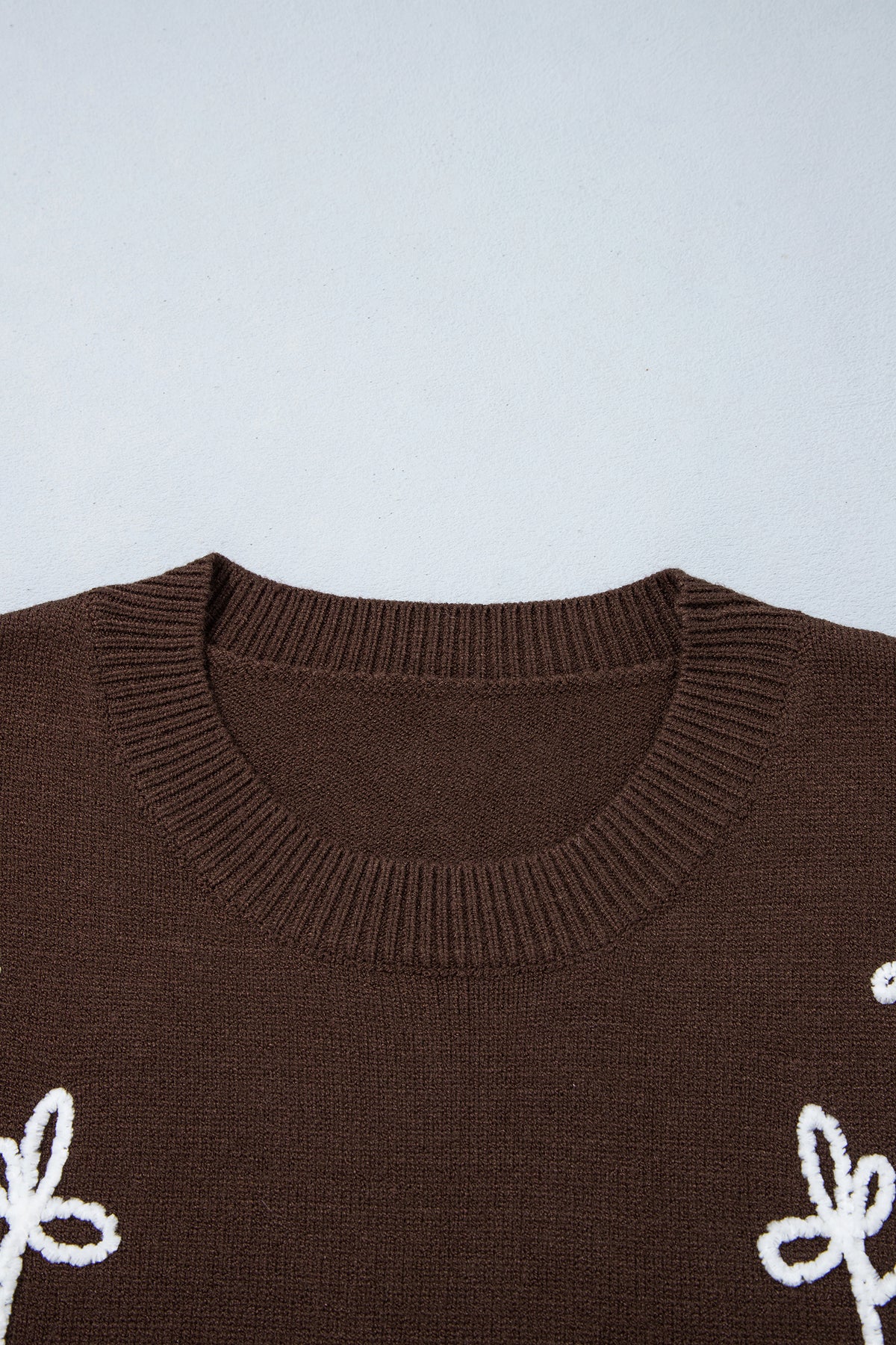 Chicory Coffee Embroidered Floral Round Neck Casual Shift Sweater PREORDER ETA 3 WEEKS