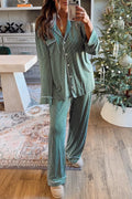 Green Stripe Chest Pocket Lapel Shirt Piping Trim Pajama Pant Set PREORDER ETA 3 WEEKS