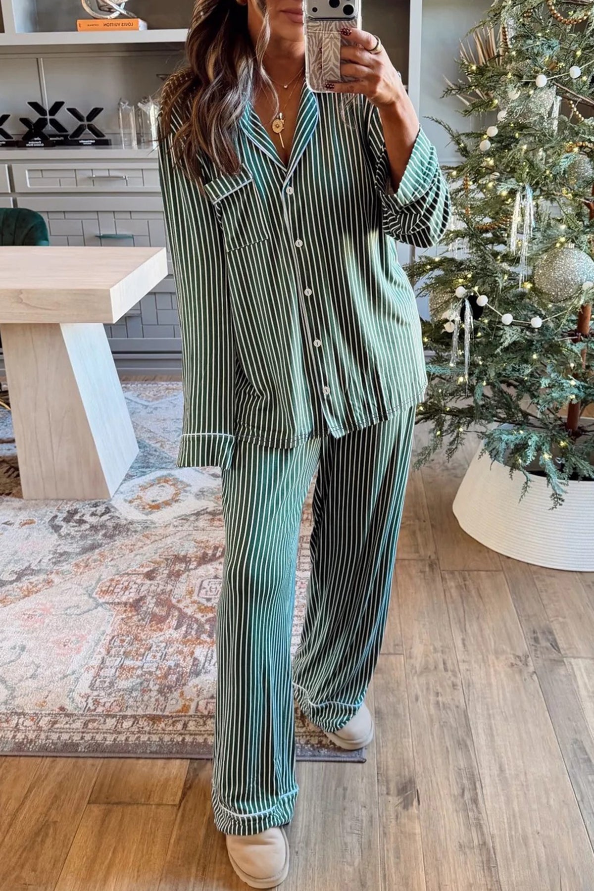 Green Stripe Chest Pocket Lapel Shirt Piping Trim Pajama Pant Set PREORDER ETA 3 WEEKS