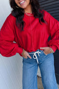 Fiery Red Solid Color Raw Seam Lace Detail Loose Casual Sweatshirt PREORDER ETA 3 WEEKS