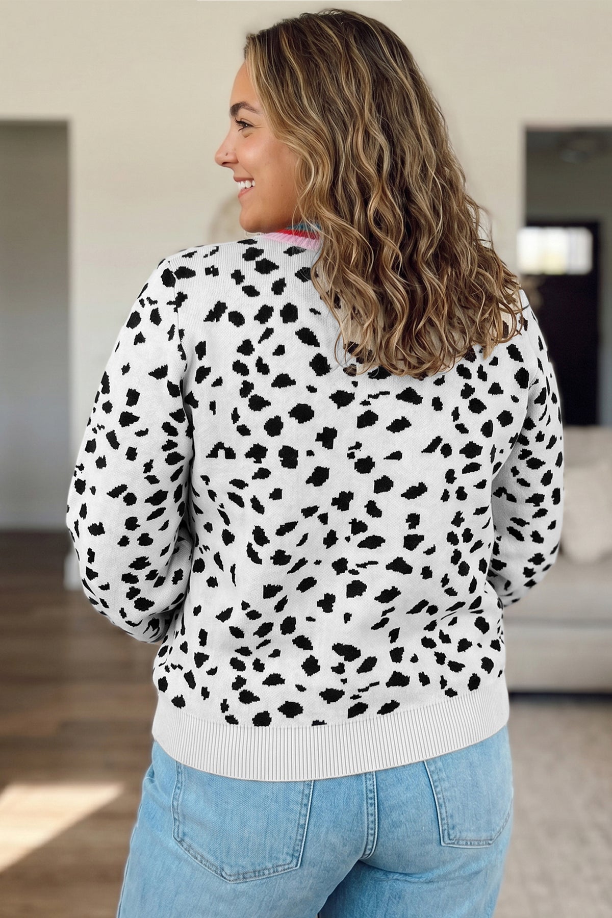 White Leopard Print Colorblock Round Neck Long Sleeve Tunic Plus Size Sweater PREORDER ETA 3 WEEKS