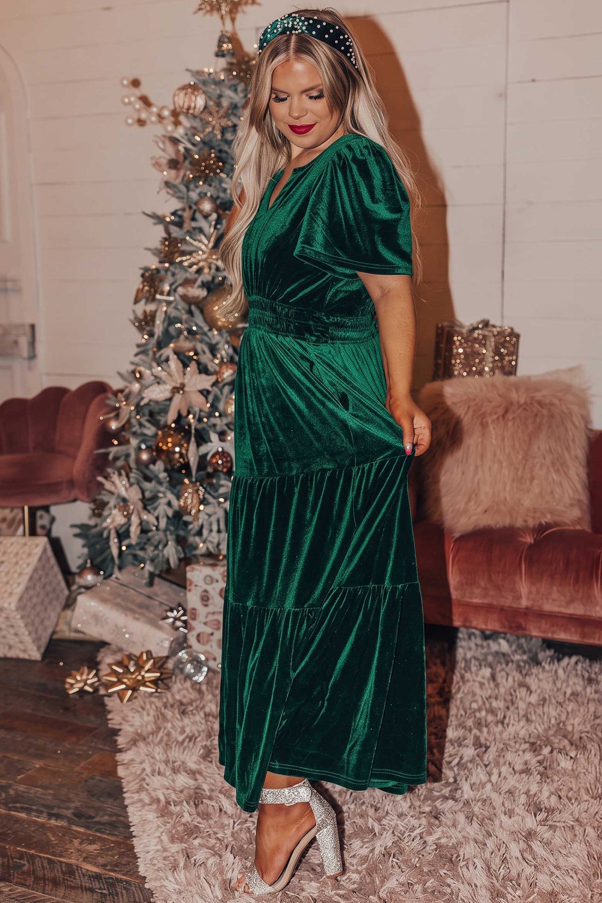 Blackish Green Velvet Short Sleeve Shirred Waist Tiered Plus Size Maxi Dress PREORDER ETA 3 WEEKS