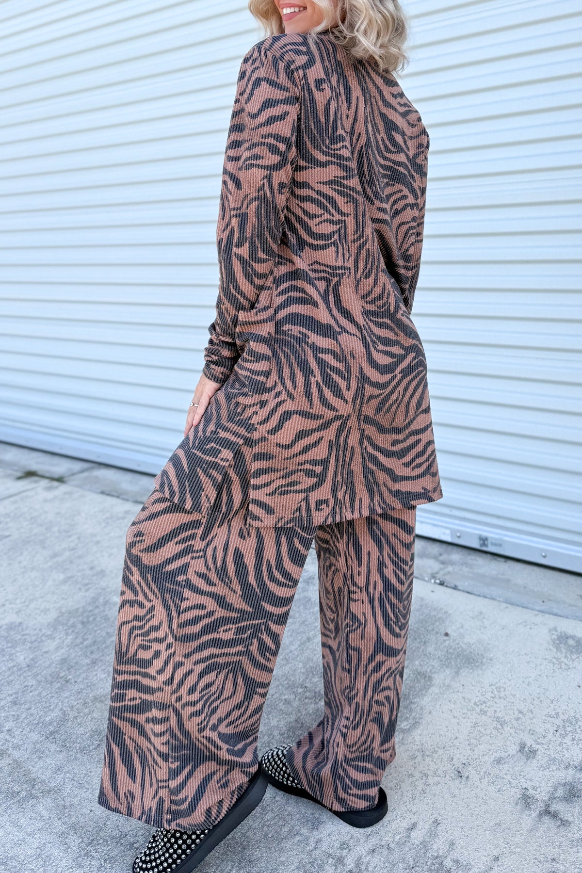 Khaki Twisted Ribbed Zebra Print Open Cardigan Wide Leg Pant Set PREORDER ETA 3 WEEKS