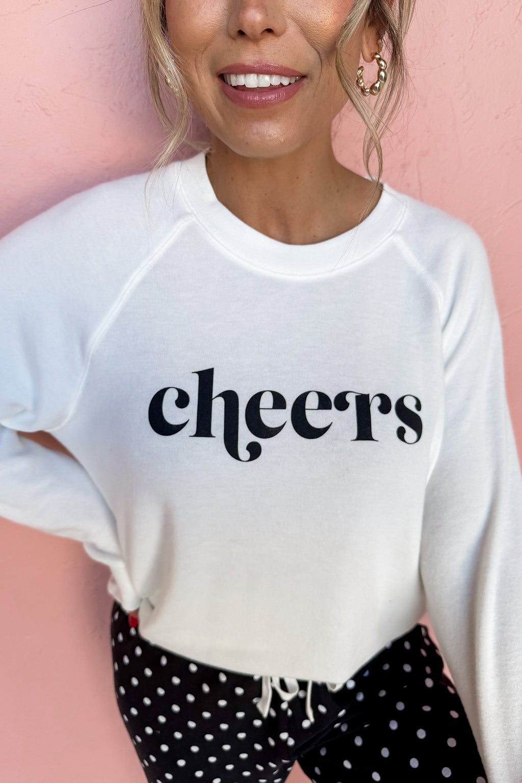Black Cheers Graphic Raglan Long Sleeve Pullover and Polka Dot Pants 2pcs Loungewear PREORDER ETA 3 WEEKS