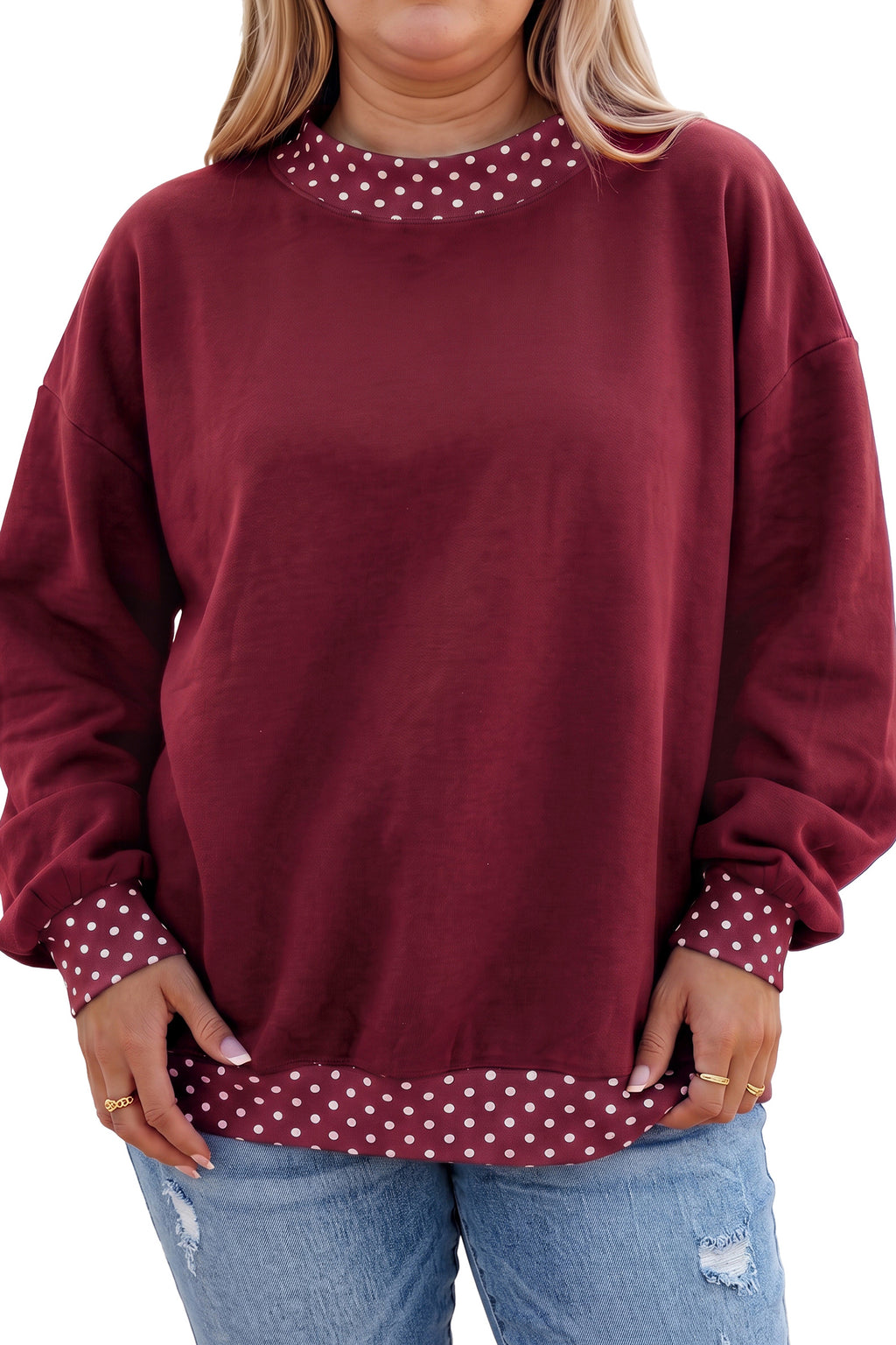 Brown Polka Dot Patchwork Round Neck Plus Size Sweatshirt PREORDER ETA 3 WEEKS