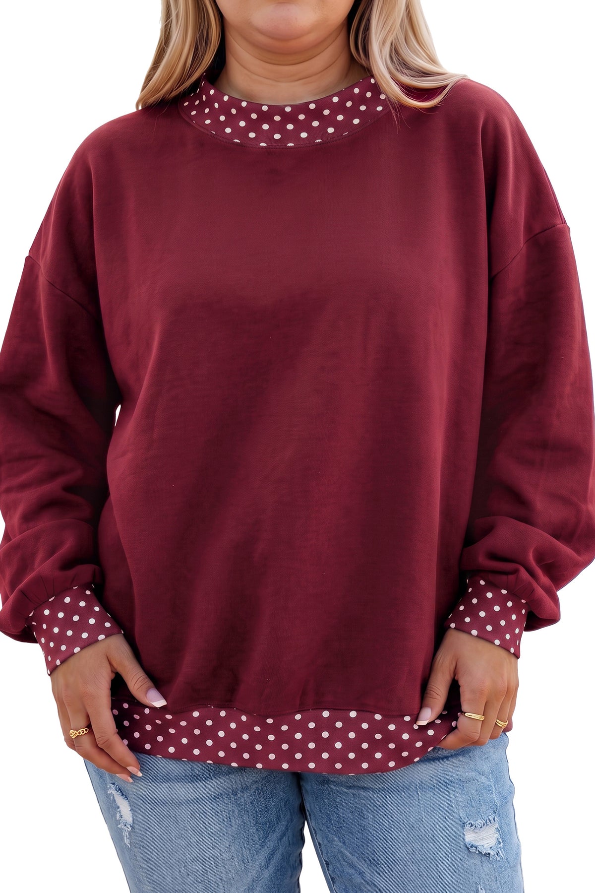 Brown Polka Dot Patchwork Round Neck Plus Size Sweatshirt PREORDER ETA 3 WEEKS