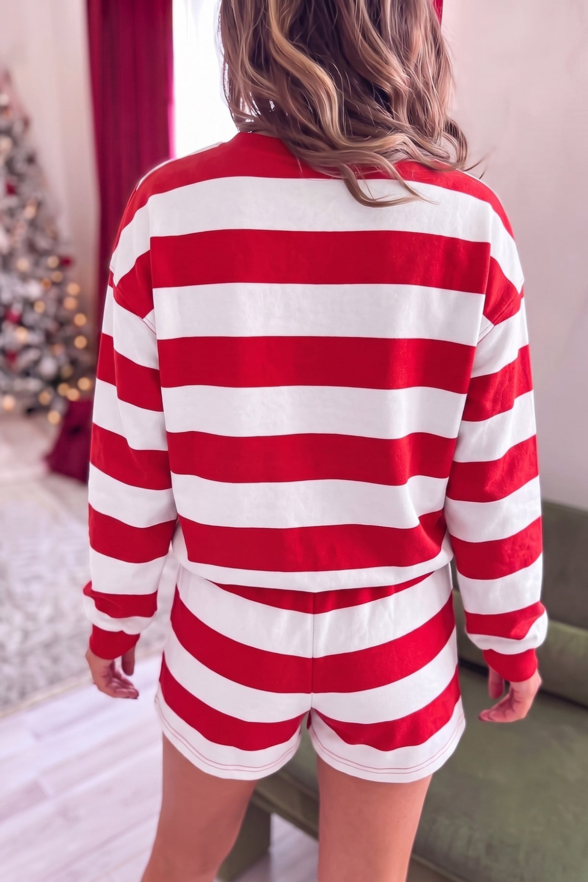 Red Stripe Holly Jolly Embroidery Pullover Long Sleeve Two Piece Shorts Set PREORDER ETA 3 WEEKS
