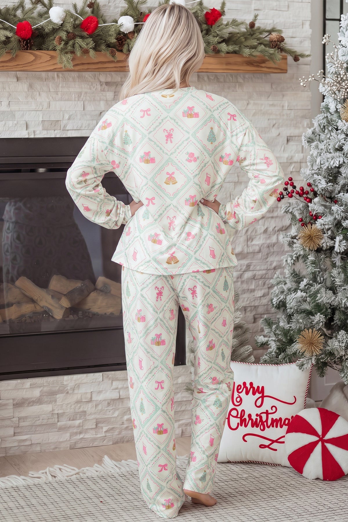 White Long Sleeve Patchwork Shift Christmas Daily Wear Lounge Set PREORDER ETA 3 WEEKS