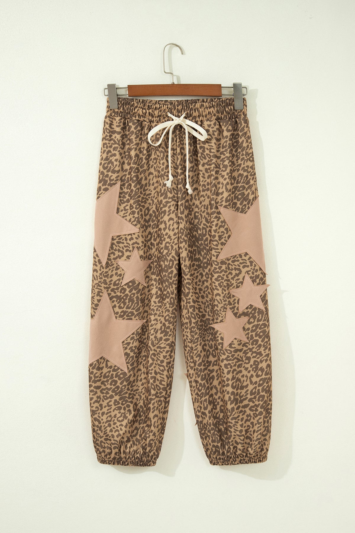Khaki Leopard Print Star Patched Drawstring Elastic Waist Jogger Pants PREORDER ETA 3 WEEKS