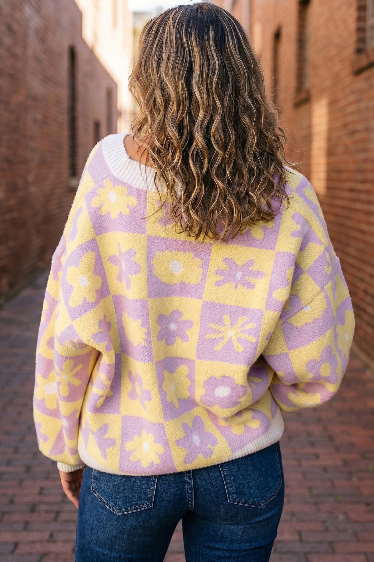 Multicolour V Neck Plaid Floral Long Sleeve Plus Size Sweater PREORDER ETA 3 WEEKS