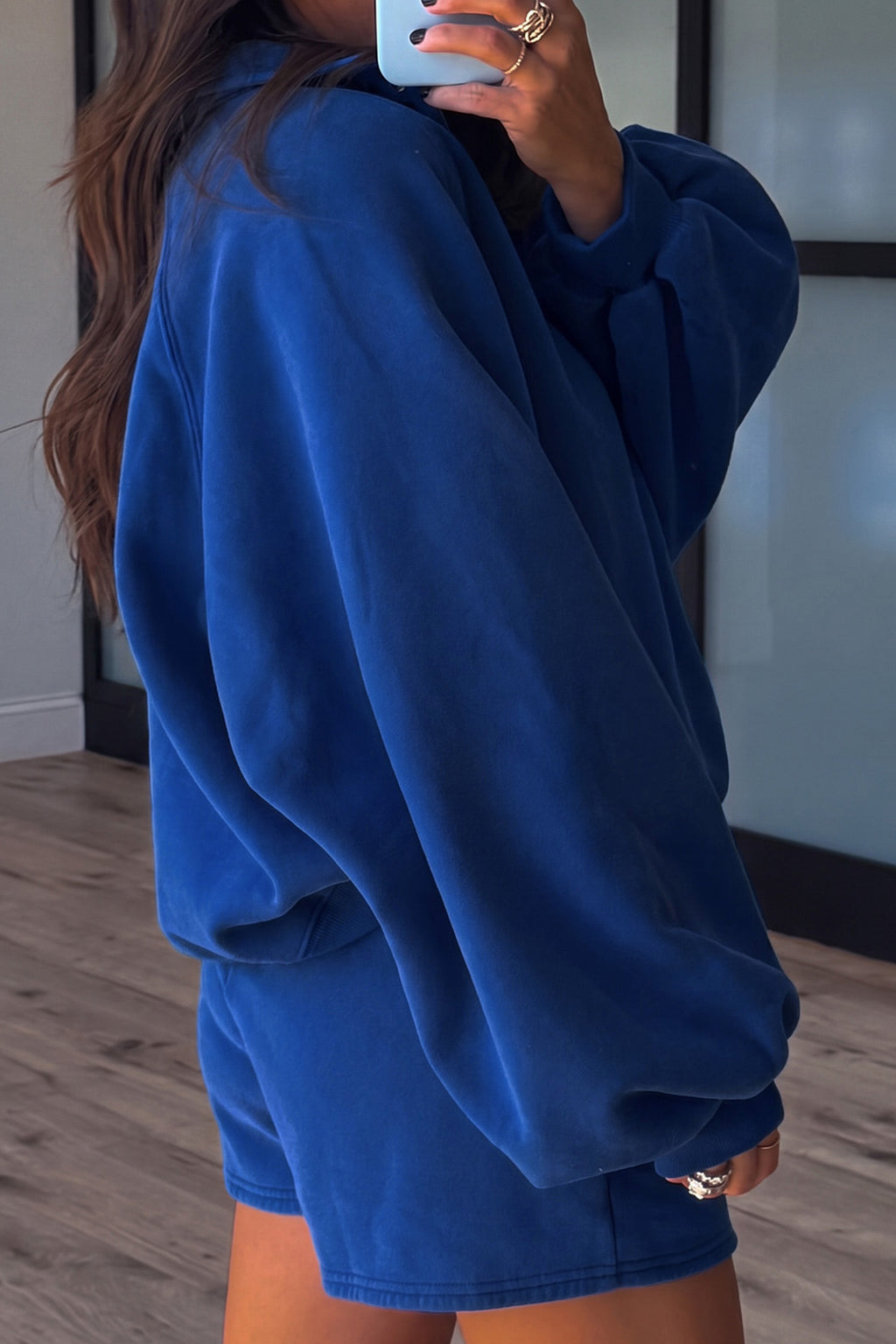 Dark Blue Half Button Puff Sleeve Relaxed Pullover and Shorts 2pcs Outfit PREORDER ETA 3 WEEKS