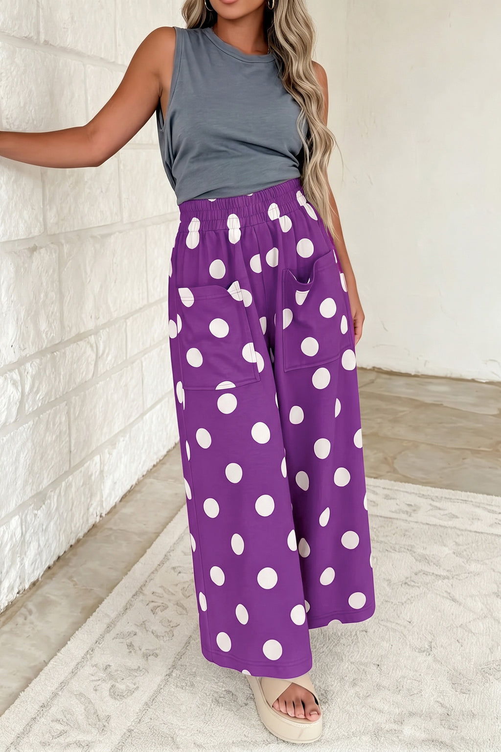 Purple Polka Dot Wide Leg Elastic Waist Casual Pants PREORDER ETA 3 WEEKS