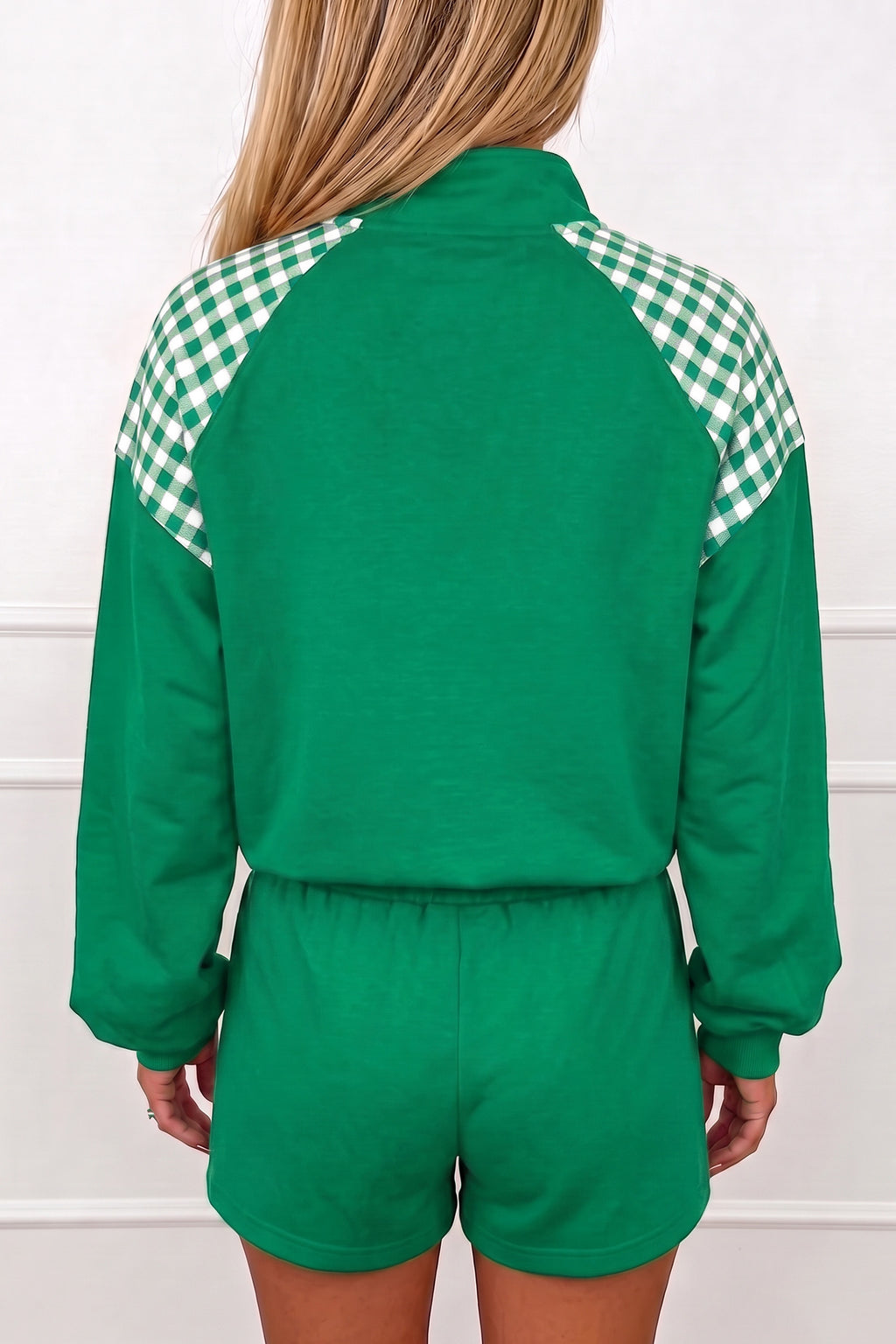 Bright Green Plaid Patchwork Half Zip Pullover Drawstring Short Set PREORDER ETA 3 WEEKS
