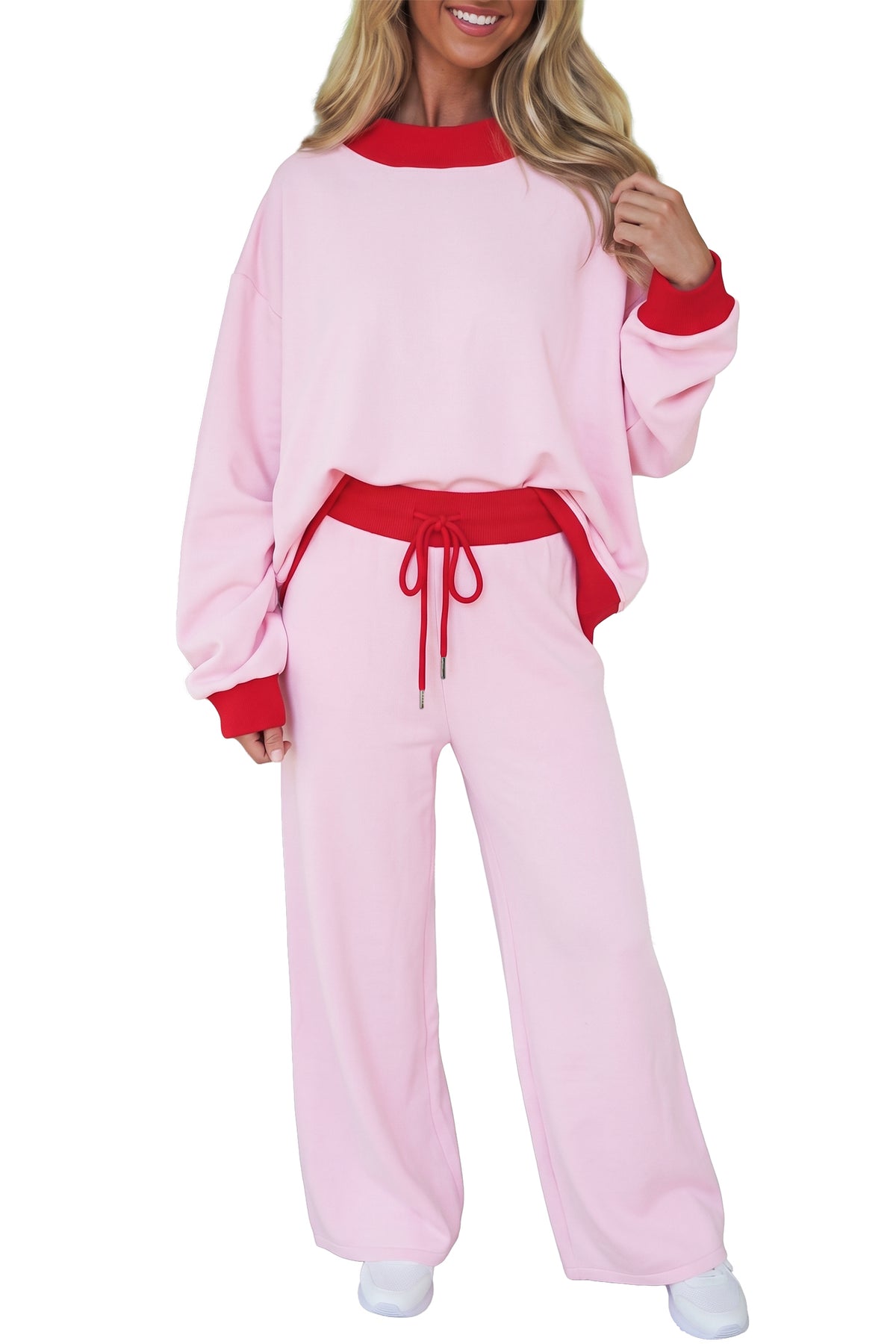 Light Pink Color Block Trim Long Sleeve Pullover Drawstring Shift Pants Set PREORDER ETA 3 WEEKS