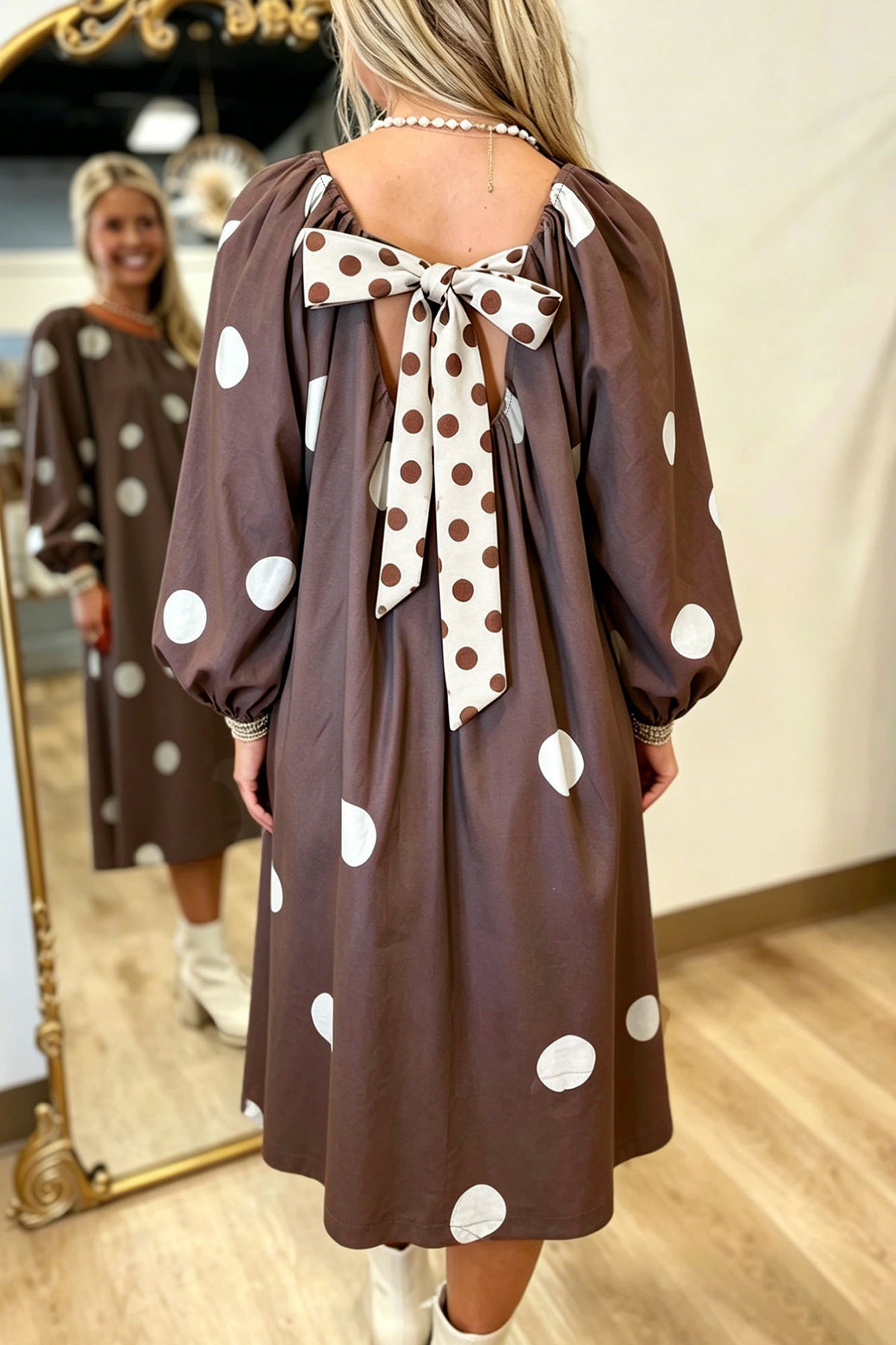 Brown Polka Dot Contrast Bow Knot Back Long Sleeve Midi Dress PREORDER ETA 3 WEEKS