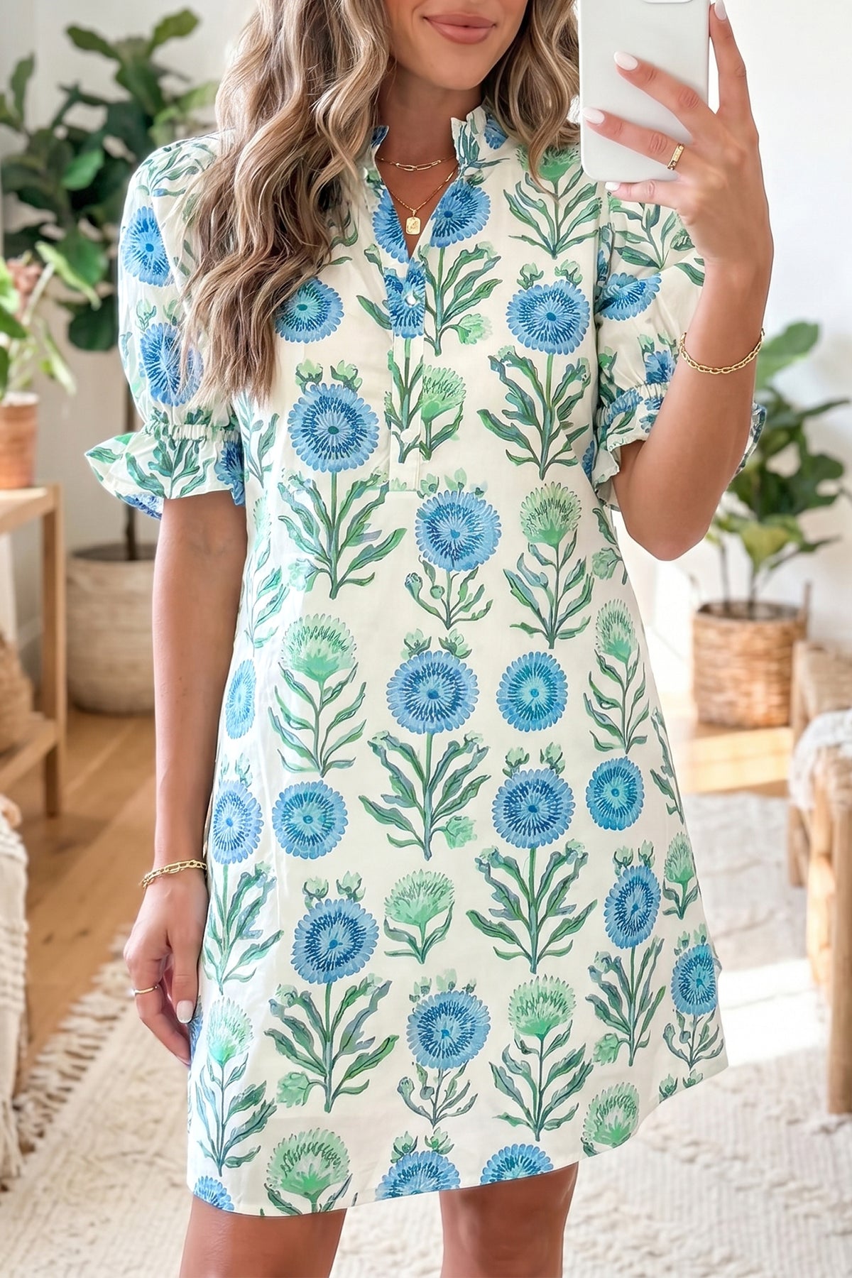 Sky Blue Floral Print Half Button Frilly Short Sleeve Dress PREORDER ETA 3 WEEKS