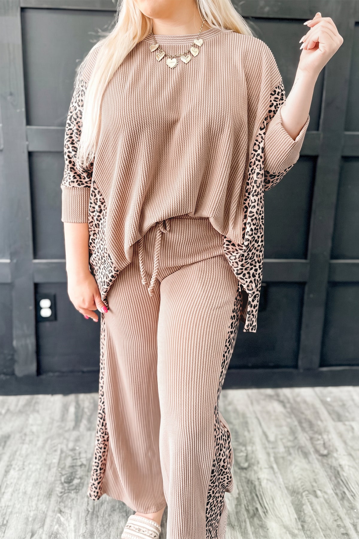 Parchment Leopard Print Twisted Ribbed Patchwork Long Sleeve Top Loose Pant Set PREORDER ETA 3 WEEKS