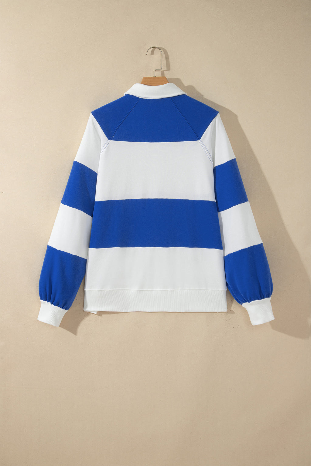 Dark Blue Striped Color Block Button V Neck Puff Sleeve Casual Sweatshirt PREORDER ETA 3 WEEKS
