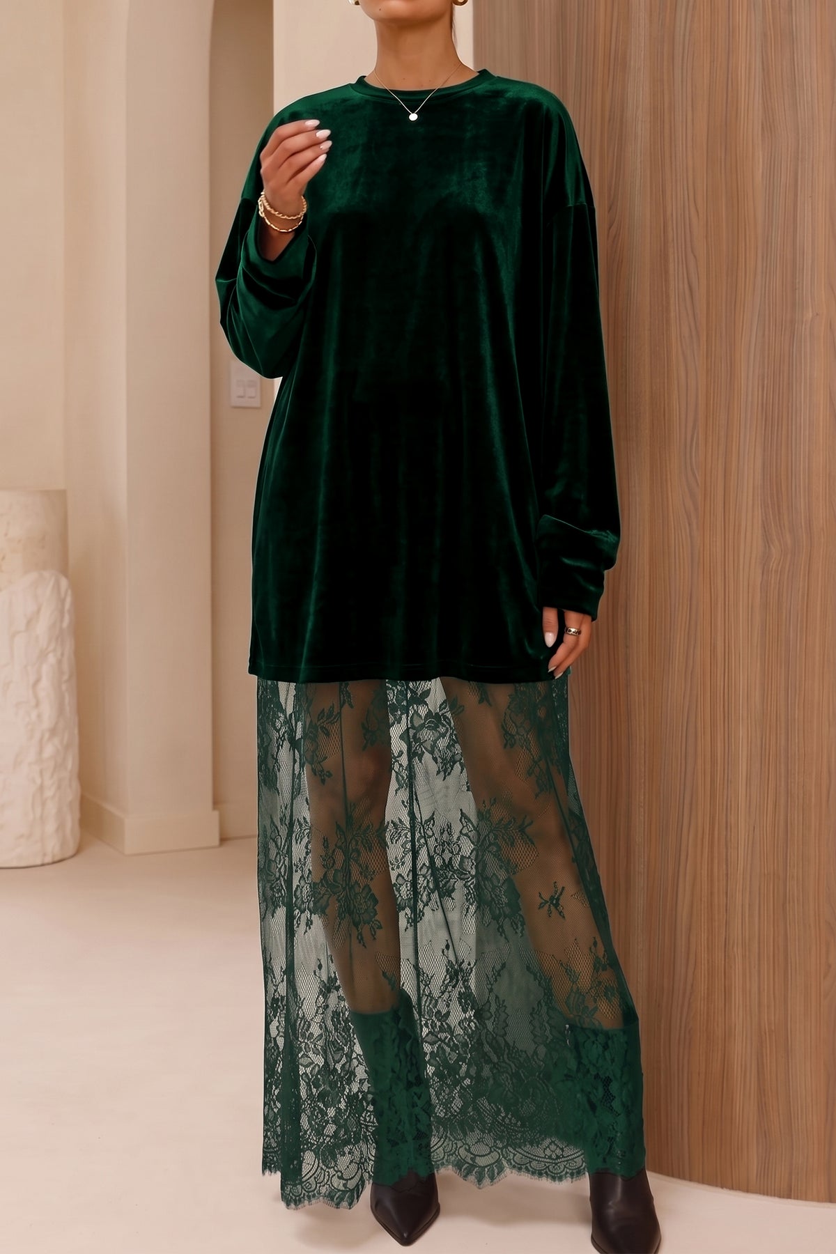 Blackish Green Velvet Long Sleeve Lace Splicing Hem Shift Maxi Dress PREORDER ETA 3 WEEKS