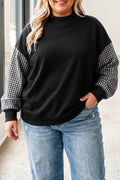 Black Patchwork Plaid Loose Fit Long Sleeve Plus Size Sweatshirt PREORDER ETA 3 WEEKS