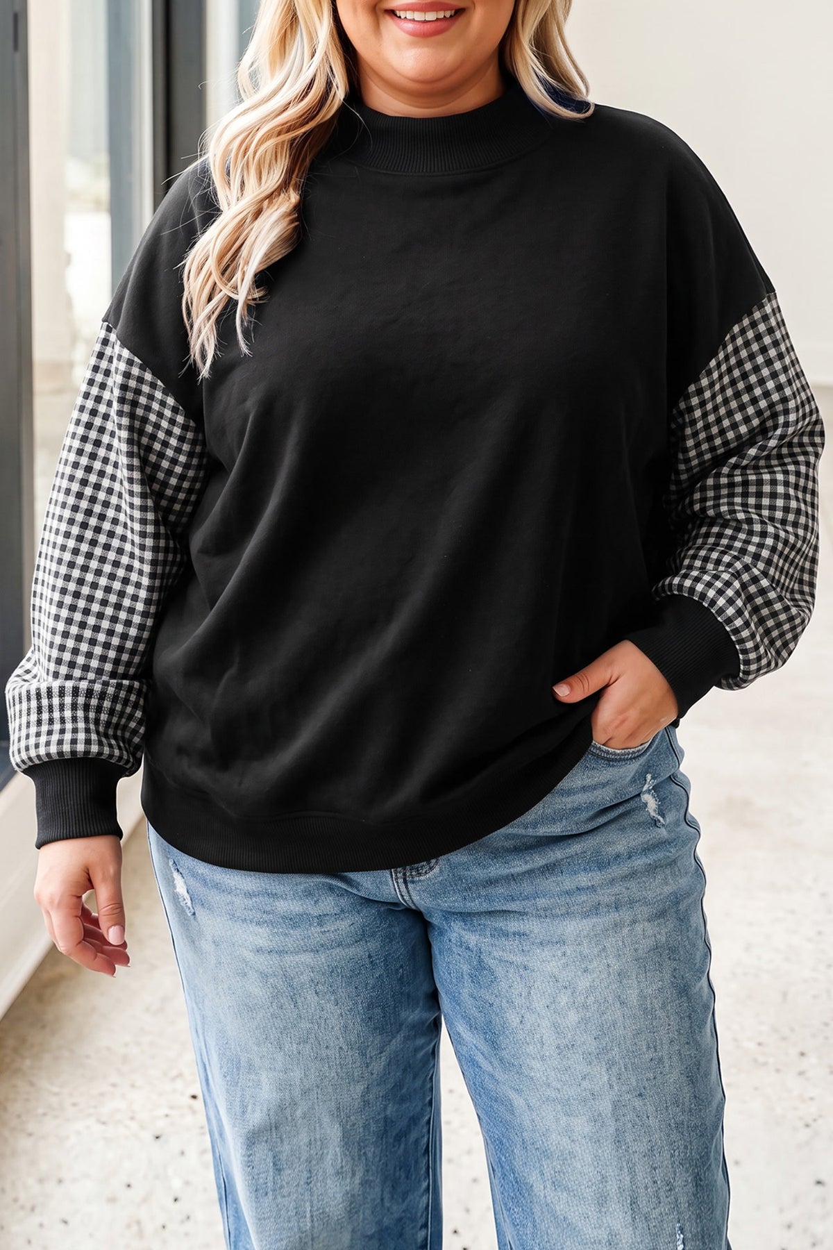 Black Patchwork Plaid Loose Fit Long Sleeve Plus Size Sweatshirt PREORDER ETA 3 WEEKS
