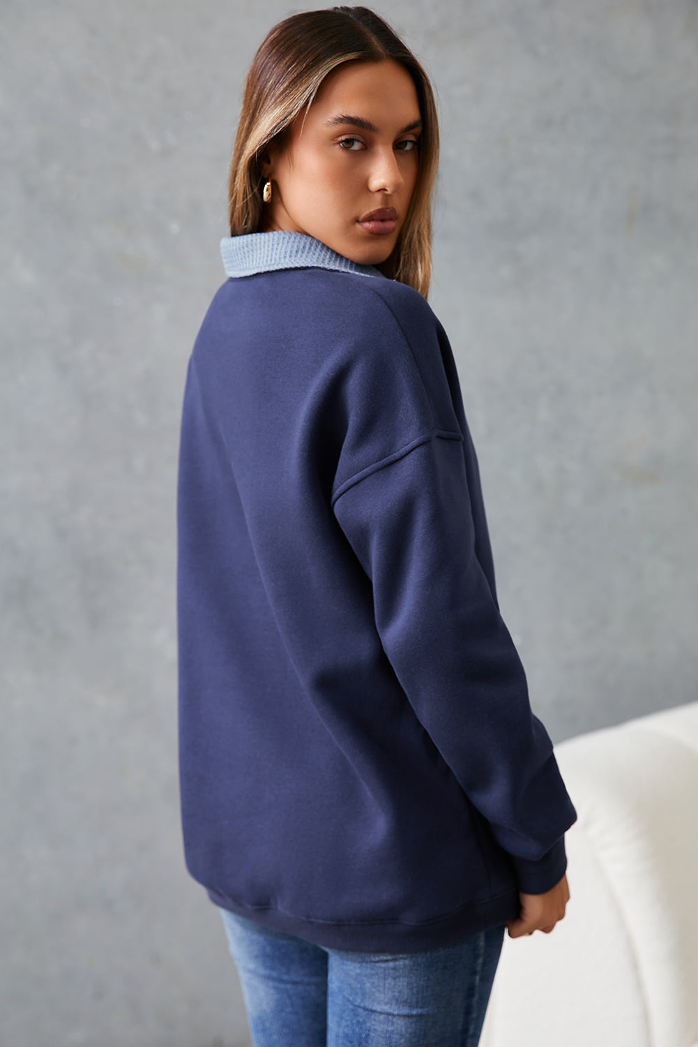 Dirty blue Drop Shoulder Metal Button Casual Pullover Sweatshirt PREORDER ETA 3 WEEKS
